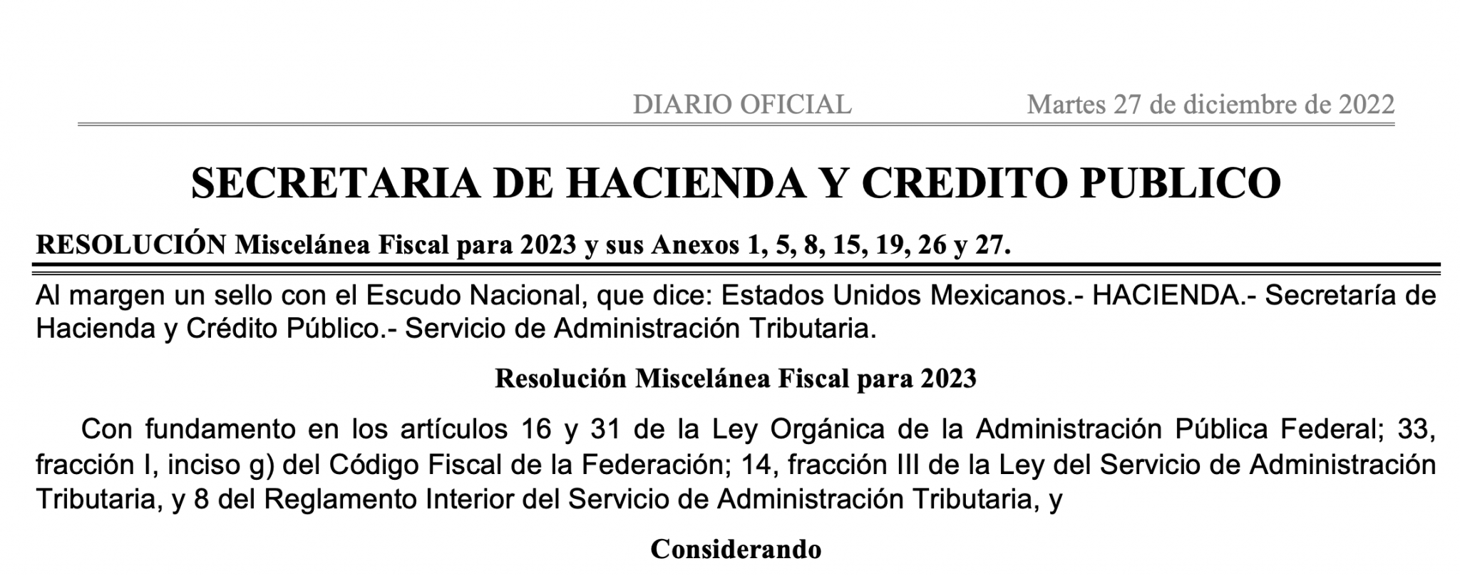 Resolución Miscelánea 2023, DOF 27/12/2022. – AMCPMX