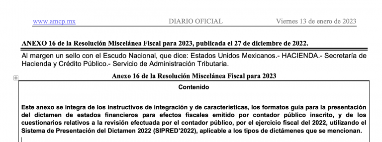 Anexo 16 «SIPRED 2022, Dictámenes Fiscales» De La RM 2023, DOF 13/01 ...